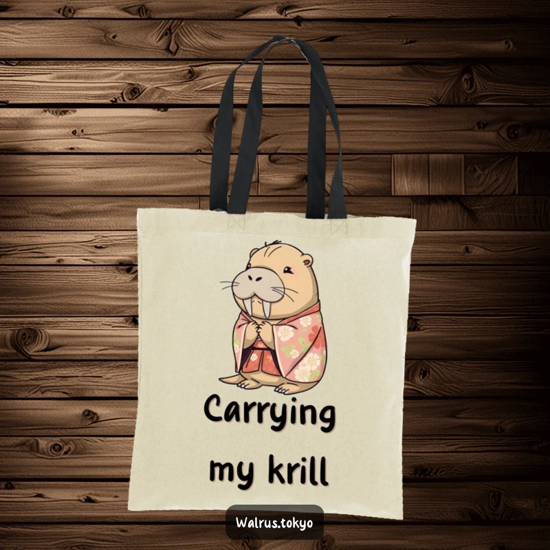 Funny floral kimono walrus tote bag, illustrating a serene walrus bowing elegantly, a practical yet humorous carry-all.
