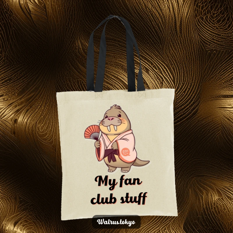 Funny cheerful walrus tote bag in a kimono, gently swaying a fan, a charming and humorous accessory for daily use.