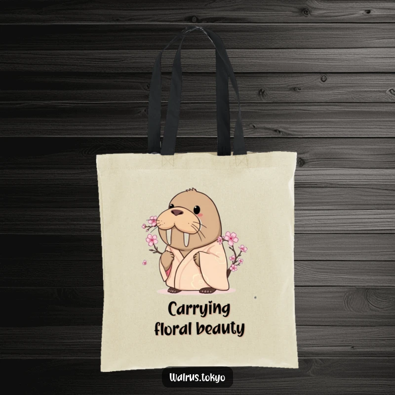 Funny curious walrus tote bag in a silken kimono, looking intently at a cherry blossom, a charming nature-themed accessory.