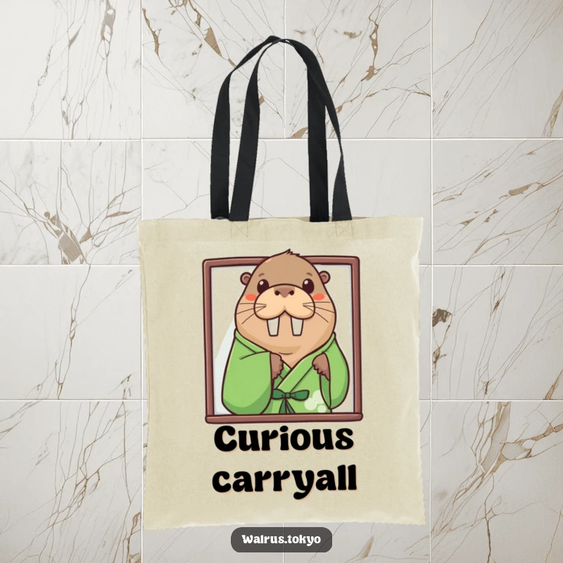 Funny green kimono walrus tote bag, showing a curious walrus peeking, perfect for carrying items with playful humor.