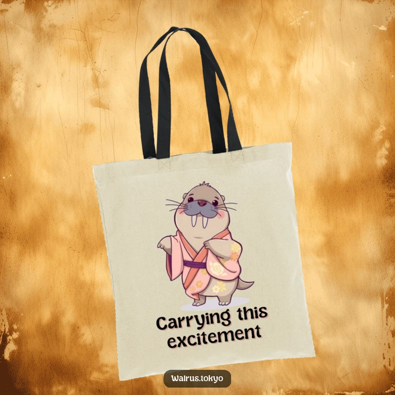 Funny tote bag with a playful walrus in a silk kimono, doing a gentle spin, perfect for carrying items with humorous energy.