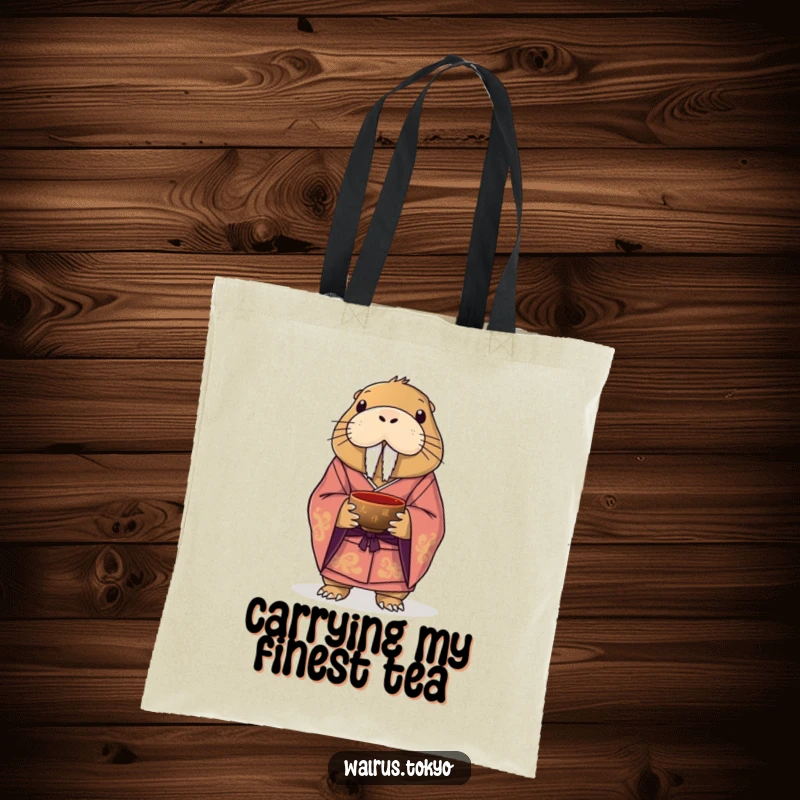 Funny tote bag depicting a formal walrus in a kimono, holding a lacquered tea bowl, ready for a stylish and humorous outing.