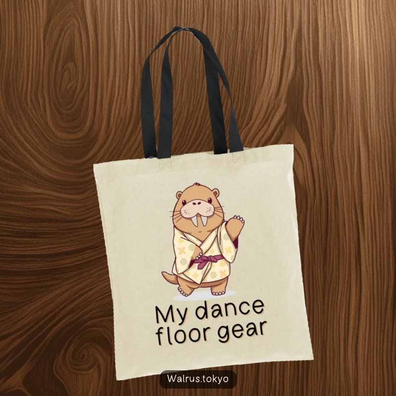 Funny playful walrus tote bag in a patterned kimono, mid-dance step, a charming and humorous accessory for carrying essentials.
